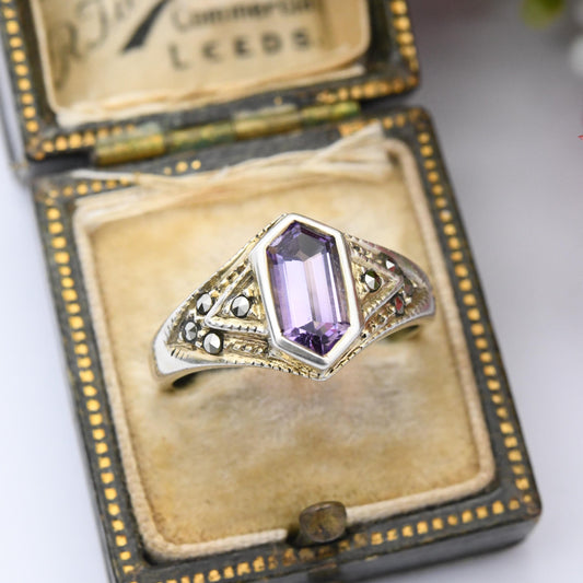 Vintage Sterling Silver Amethyst and Marcasite Ring - Cocktail Purple Stone | Unusual Hexagonal Art Deco Shape | UK Size - Q | US Size - 8