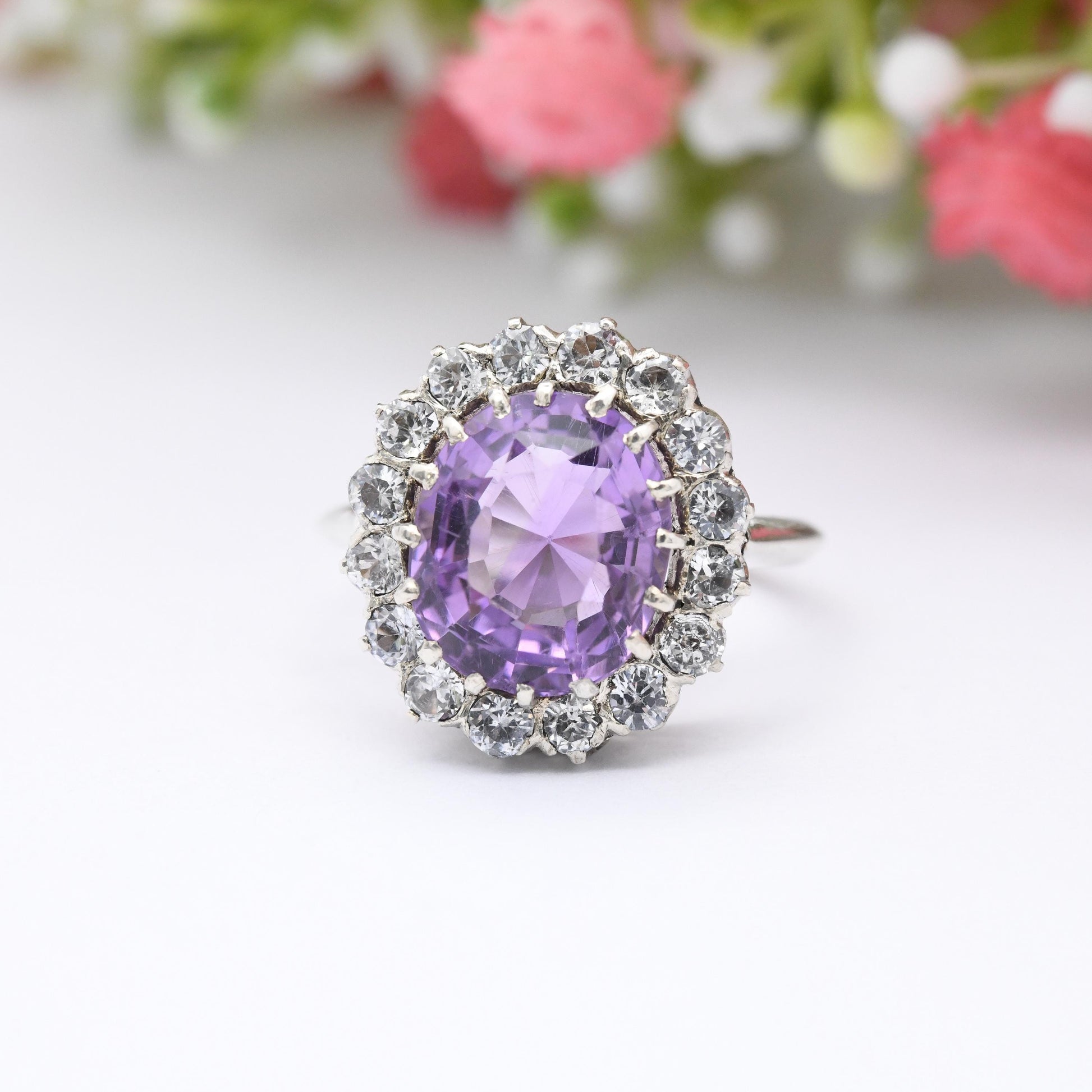 Vintage Silver Amethyst Halo Ring - Statement Cocktail Large Purple Stone Floral Gemstone Pretty Gift | UK Size - M 1/2 | US Size - 6 1/2