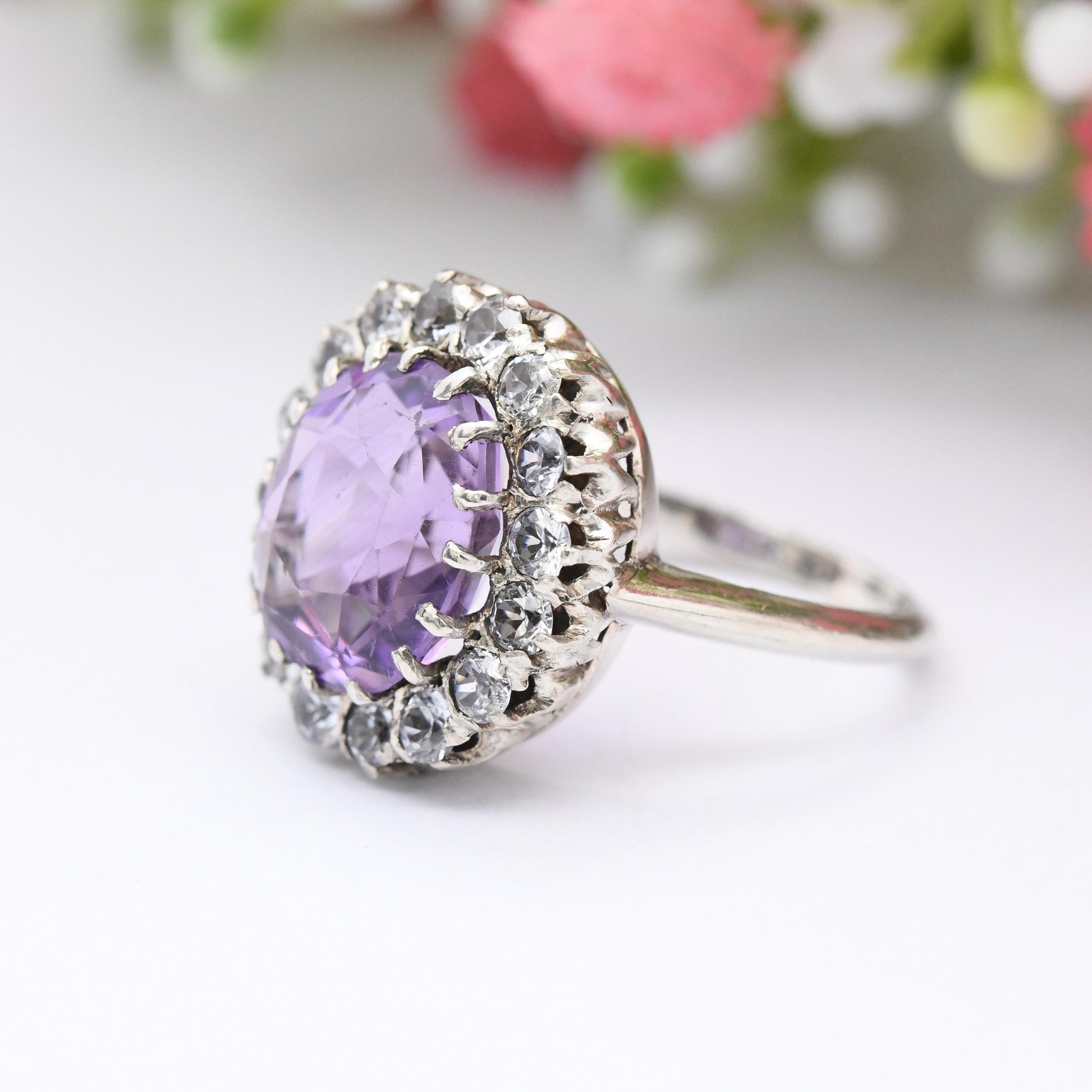 Vintage Silver Amethyst Halo Ring - Statement Cocktail Large Purple Stone Floral Gemstone Pretty Gift | UK Size - M 1/2 | US Size - 6 1/2