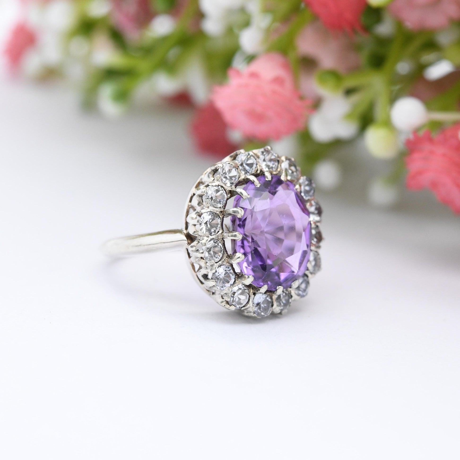 Vintage Silver Amethyst Halo Ring - Statement Cocktail Large Purple Stone Floral Gemstone Pretty Gift | UK Size - M 1/2 | US Size - 6 1/2