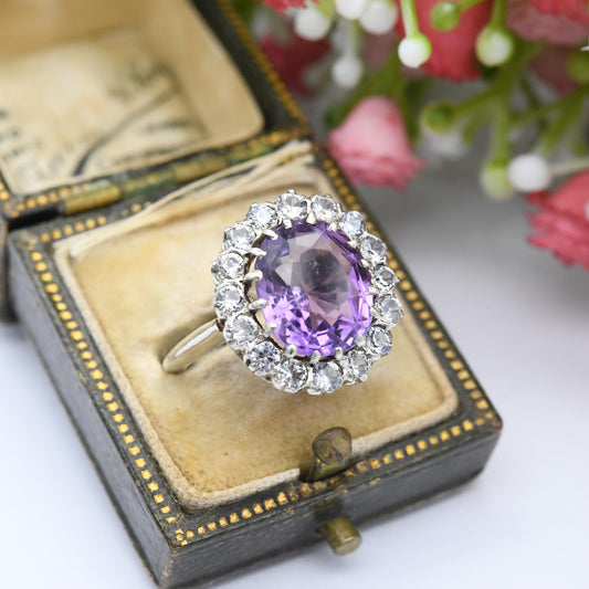 Vintage Silver Amethyst Halo Ring - Statement Cocktail Large Purple Stone Floral Gemstone Pretty Gift | UK Size - M 1/2 | US Size - 6 1/2