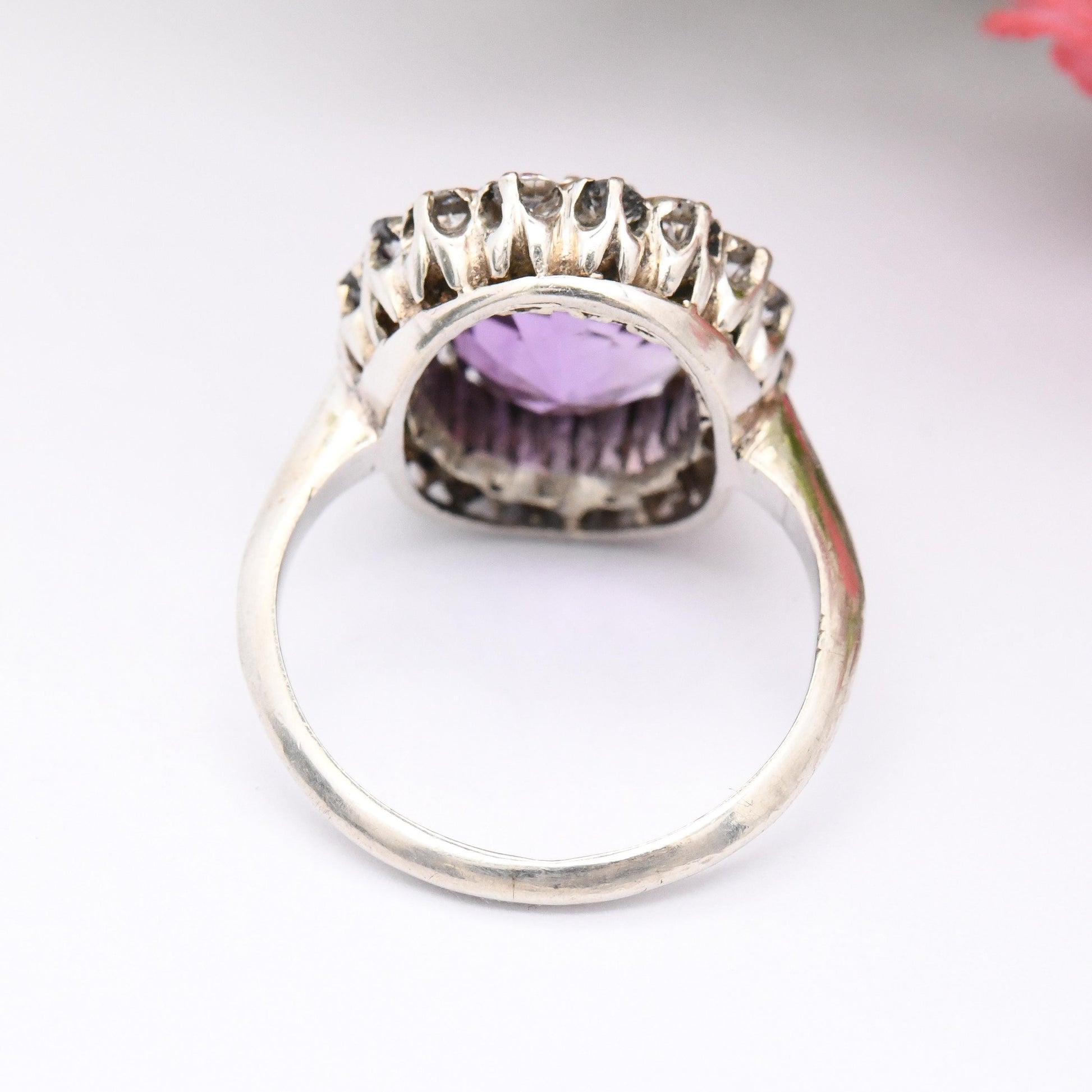 Vintage Silver Amethyst Halo Ring - Statement Cocktail Large Purple Stone Floral Gemstone Pretty Gift | UK Size - M 1/2 | US Size - 6 1/2