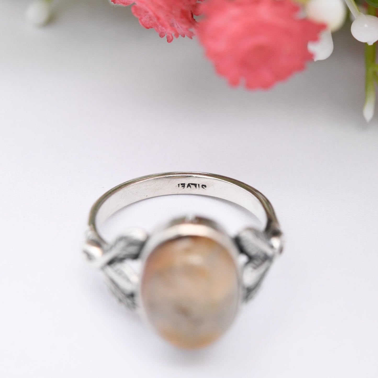 Vintage Sterling Silver Moss Agate Ring Leaf Setting - Statement Mid-Century Gemstone White Orange Green | UK Size - L 1/2 | US Size - 6