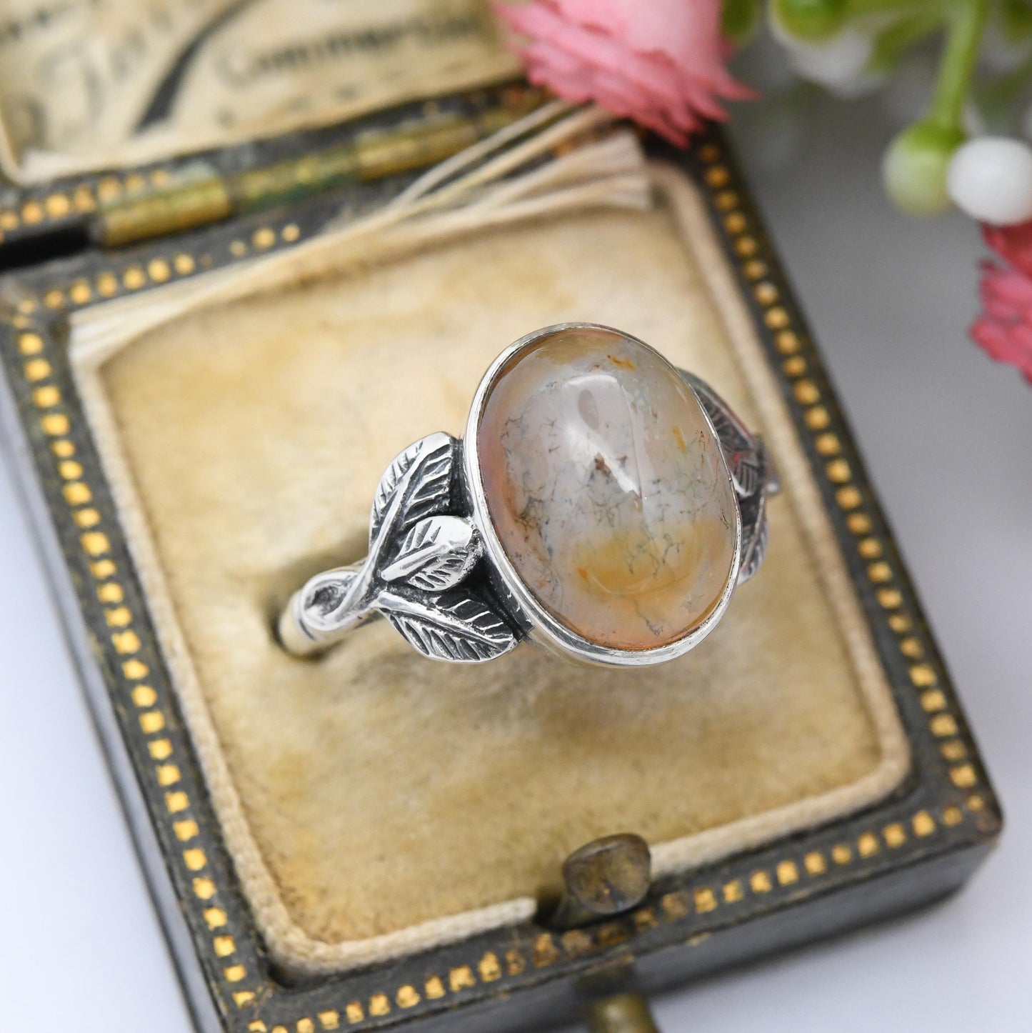 Vintage Sterling Silver Moss Agate Ring Leaf Setting - Statement Mid-Century Gemstone White Orange Green | UK Size - L 1/2 | US Size - 6