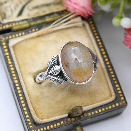 Vintage Sterling Silver Moss Agate Ring Leaf Setting - Statement Mid-Century Gemstone White Orange Green | UK Size - L 1/2 | US Size - 6