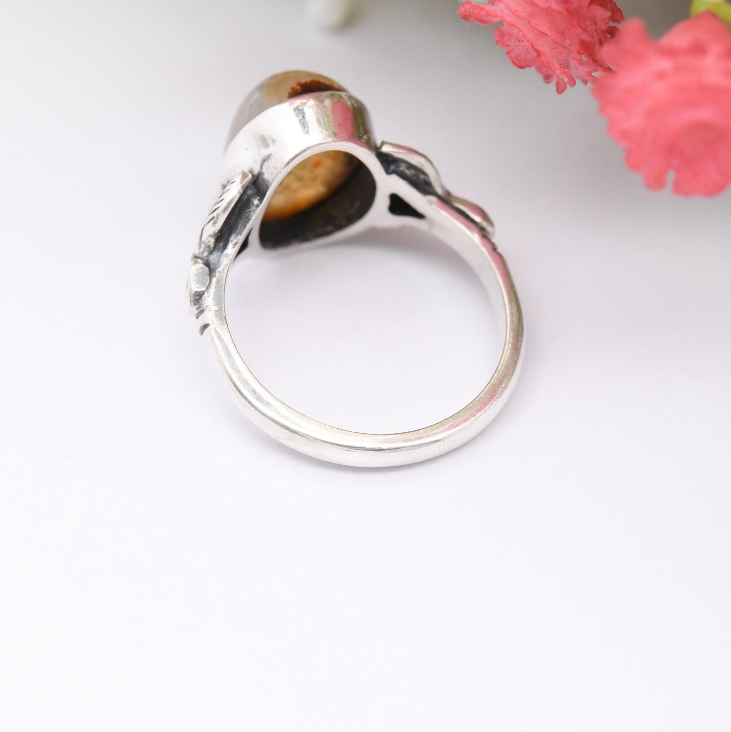 Vintage Sterling Silver Moss Agate Ring Leaf Setting - Statement Mid-Century Gemstone White Orange Green | UK Size - L 1/2 | US Size - 6