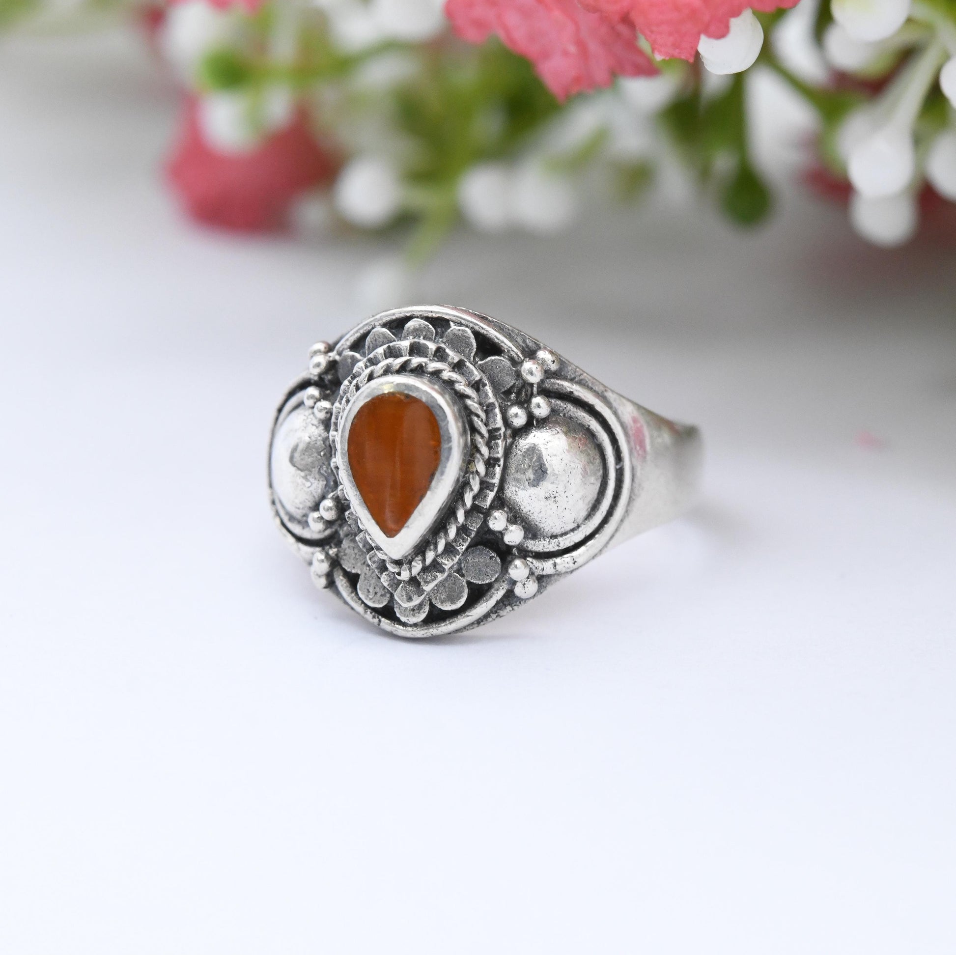 Vintage Sterling Silver Carnelian Ring Cannetille - Etruscan Style | Chunky Small Size | Orange Gemstone | UK Size - L 1/2 | US Size - 6