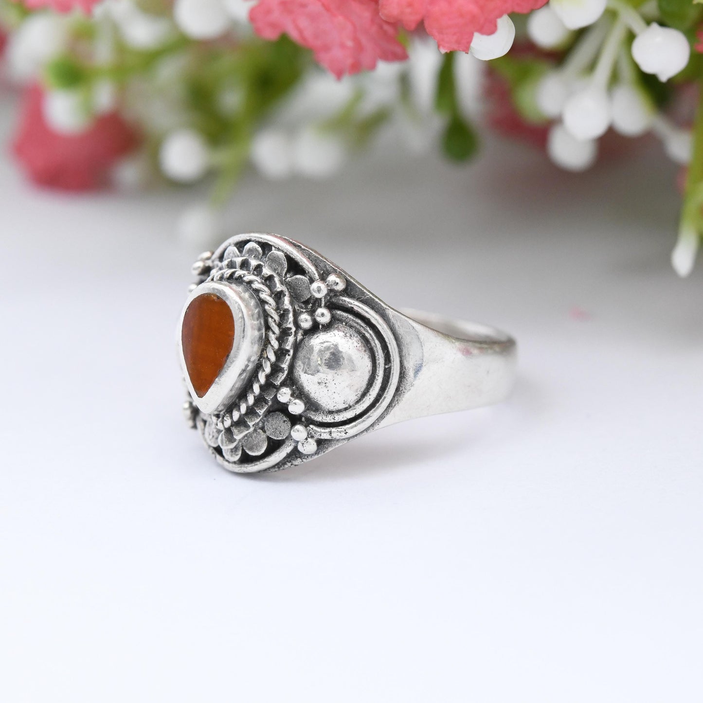 Vintage Sterling Silver Carnelian Ring Cannetille - Etruscan Style | Chunky Small Size | Orange Gemstone | UK Size - L 1/2 | US Size - 6