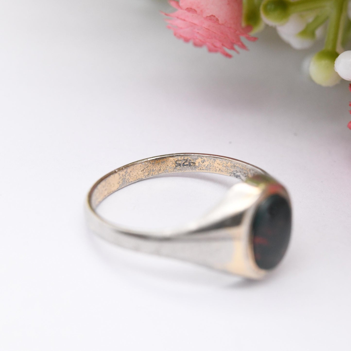 Vintage Sterling Silver Bloodstone Signet Ring - Mid-Century Gemstone Unisex Jewellery Heliotrope Jasper | UK Size - O 1/2 | US Size - 7 1/2