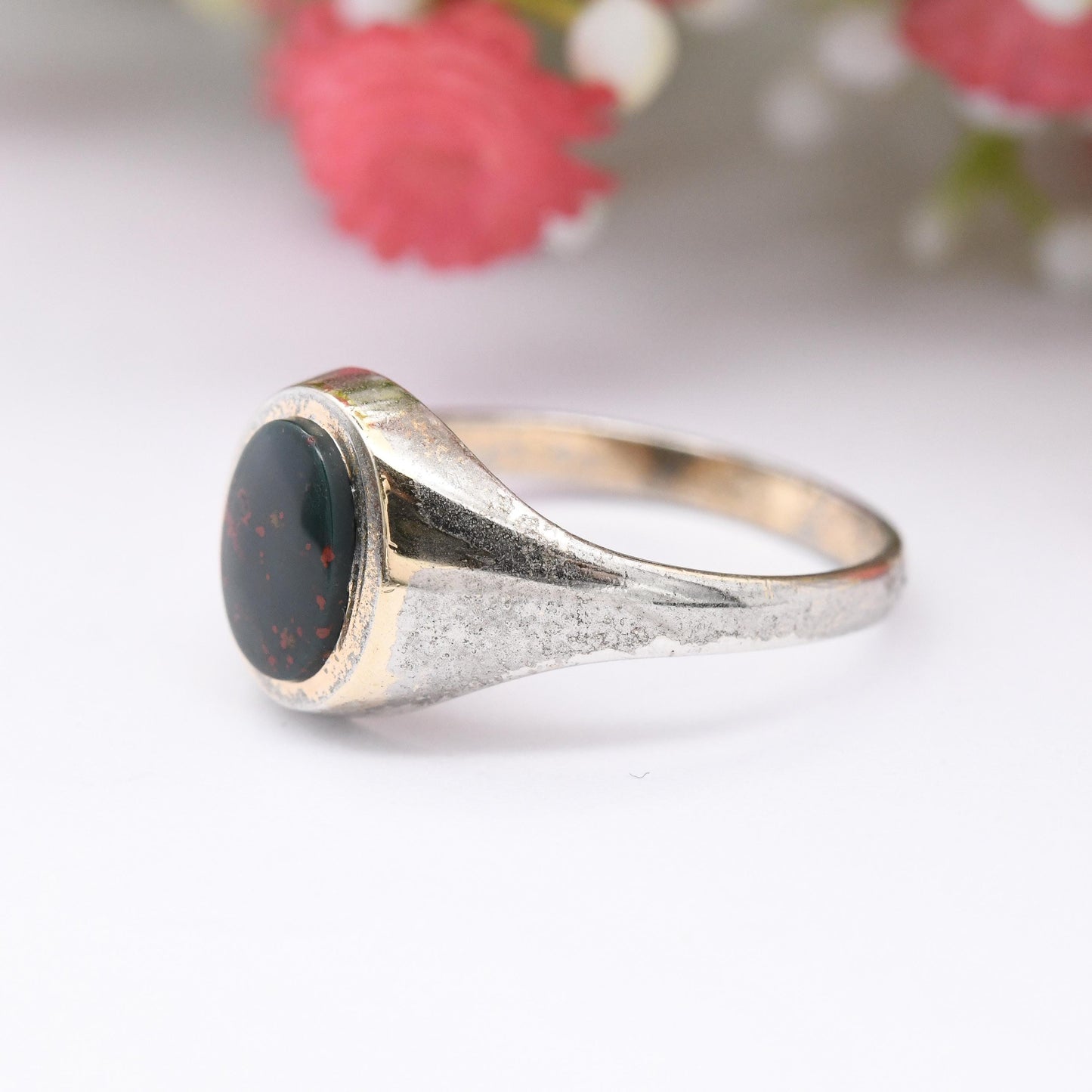 Vintage Sterling Silver Bloodstone Signet Ring - Mid-Century Gemstone Unisex Jewellery Heliotrope Jasper | UK Size - O 1/2 | US Size - 7 1/2