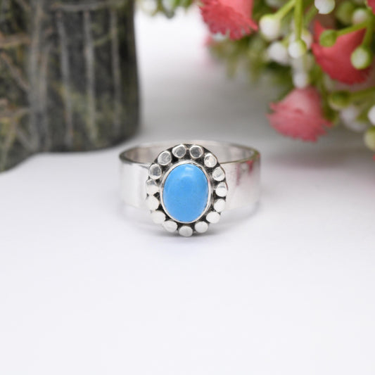 Vintage Sterling Silver Ring Chunky Flower - South Central American | Turquoise Blue Stone | UK Size - S | US Size - 9