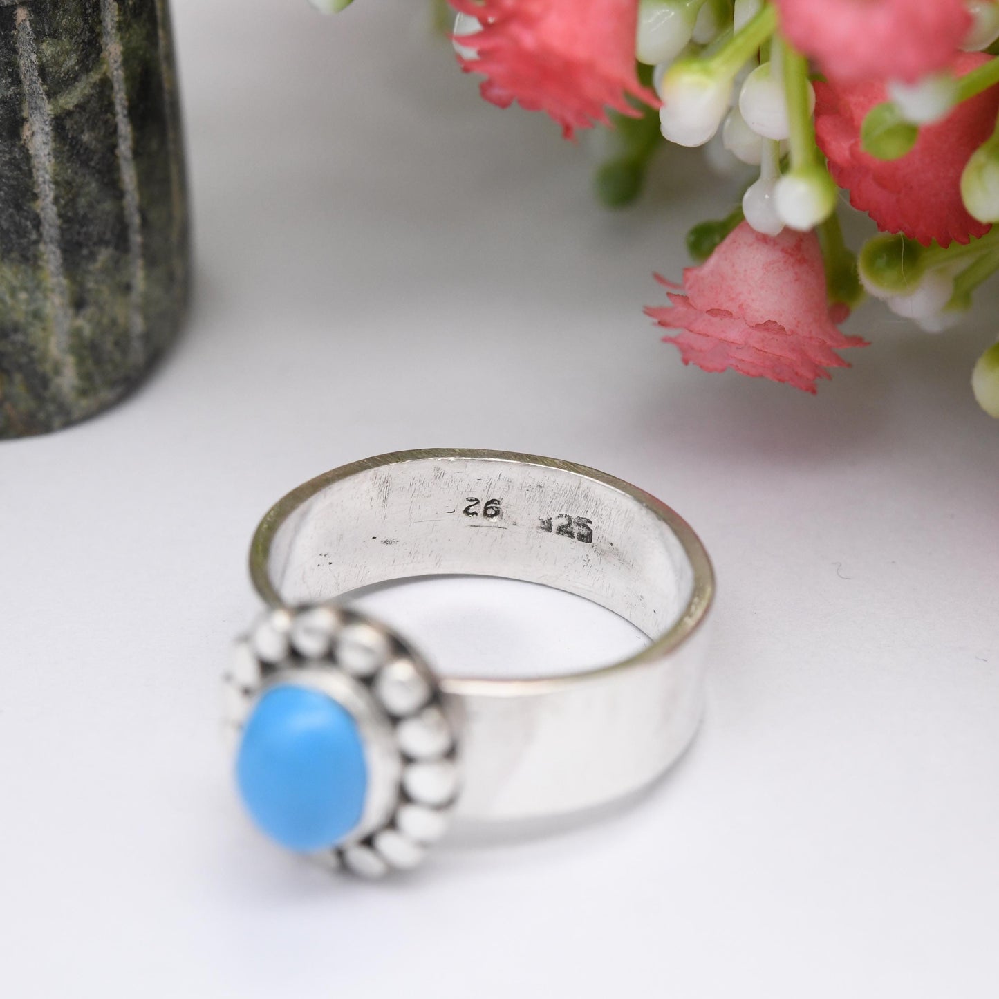 Vintage Sterling Silver Ring Chunky Flower - South Central American | Turquoise Blue Stone | UK Size - S | US Size - 9