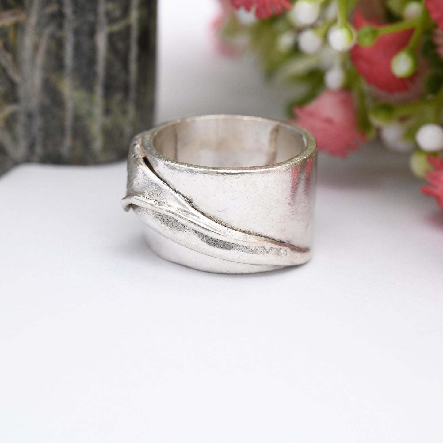 Vintage Studio Sterling Silver Sculptural Ring - Chunky Mid-Century Modernist Silver Jewellery Wide Band | UK Size - M 1/2 | US Size - 6 1/2