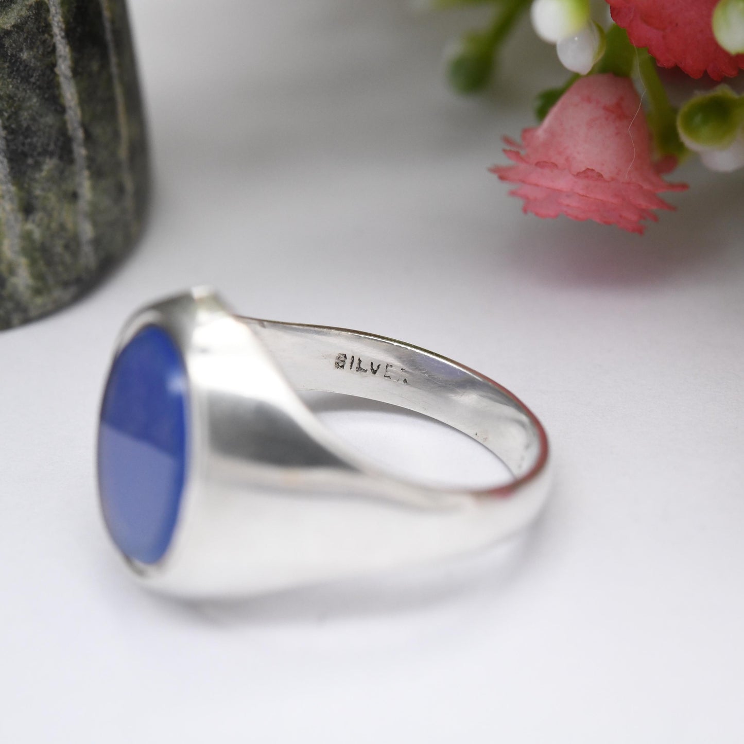 Vintage Sterling Silver Chalcedony Signet Ring - Mid-Century Blue Gemstone | Unusual Unisex Stone | UK Size - O 1/2 | US Size - 7 1/2