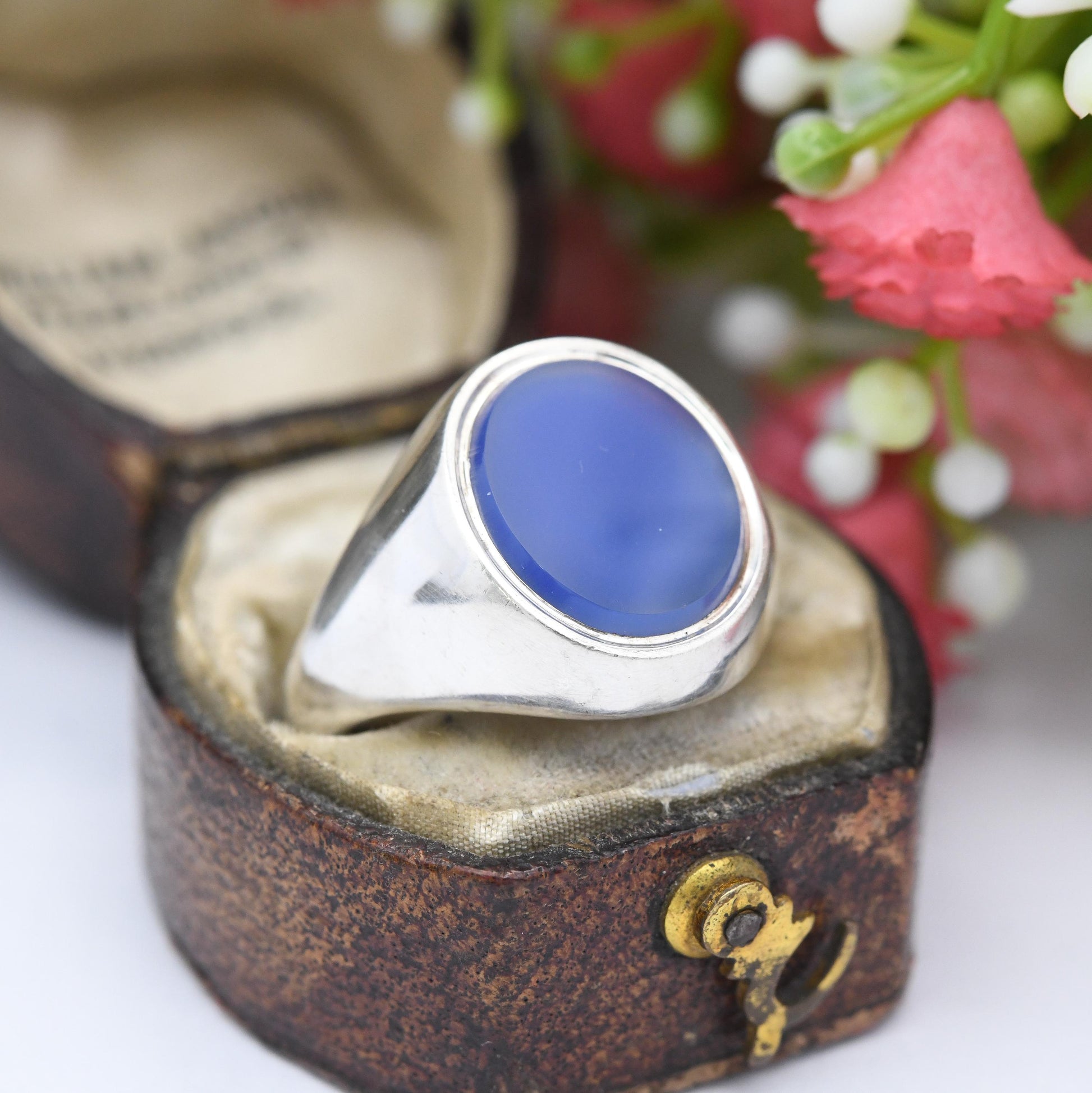 Vintage Sterling Silver Chalcedony Signet Ring - Mid-Century Blue Gemstone | Unusual Unisex Stone | UK Size - O 1/2 | US Size - 7 1/2