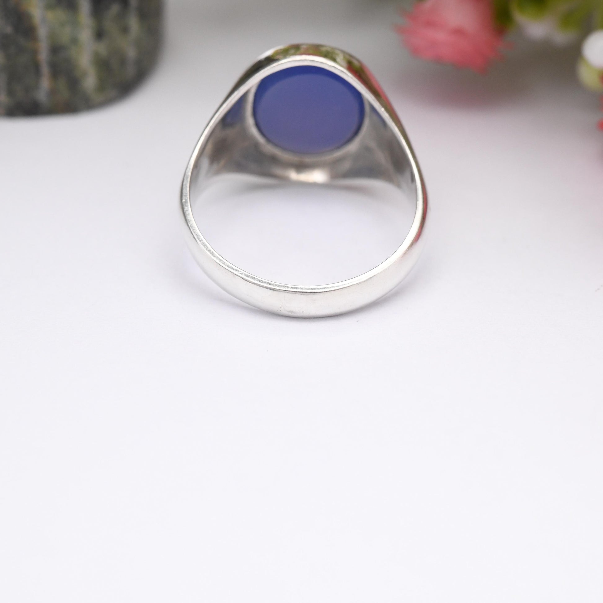 Vintage Sterling Silver Chalcedony Signet Ring - Mid-Century Blue Gemstone | Unusual Unisex Stone | UK Size - O 1/2 | US Size - 7 1/2