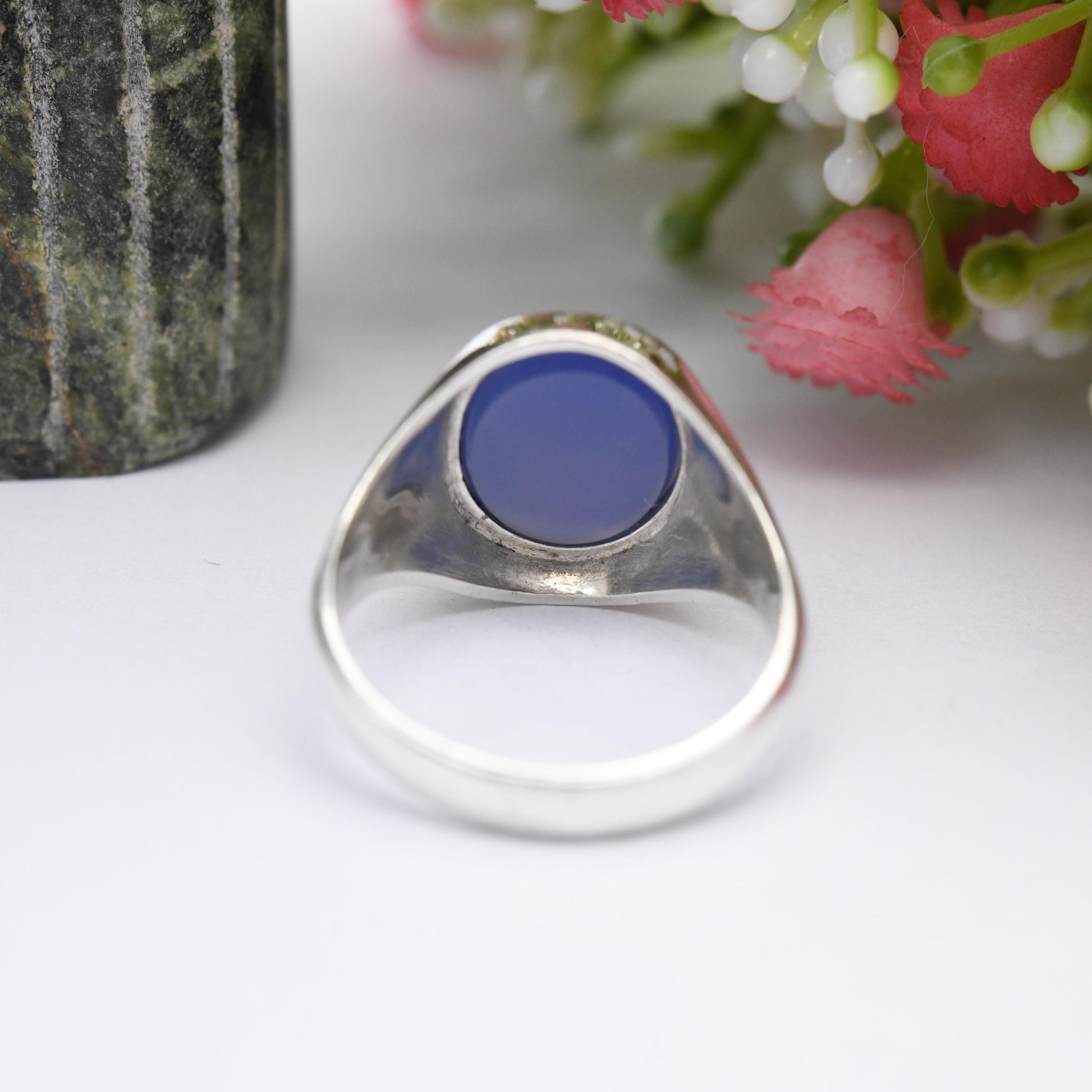 Vintage Sterling Silver Chalcedony Signet Ring - Mid-Century Blue Gemstone | Unusual Unisex Stone | UK Size - O 1/2 | US Size - 7 1/2