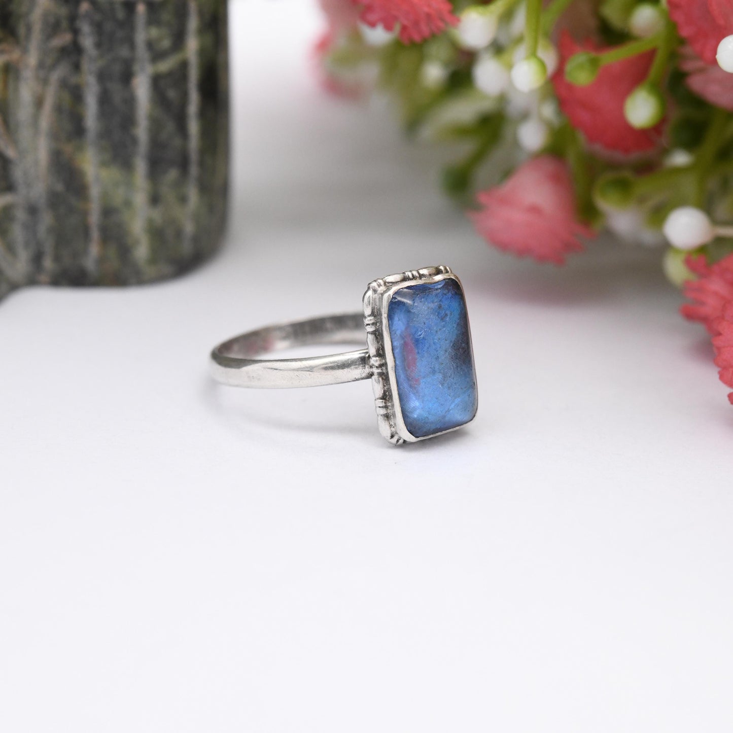 Vintage Sterling Silver Butterfly Wing Ring - Art Deco 1930s 1940s Blue Wing Statement Ring | UK Size - P | US Size - 7 3/4