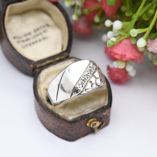 Vintage Sterling Silver Signet Ring with Clear Stones - Mid-Century Brutalist Textured Chunky Unisex | UK Size - V 1/2 | US Size - 10 3/4