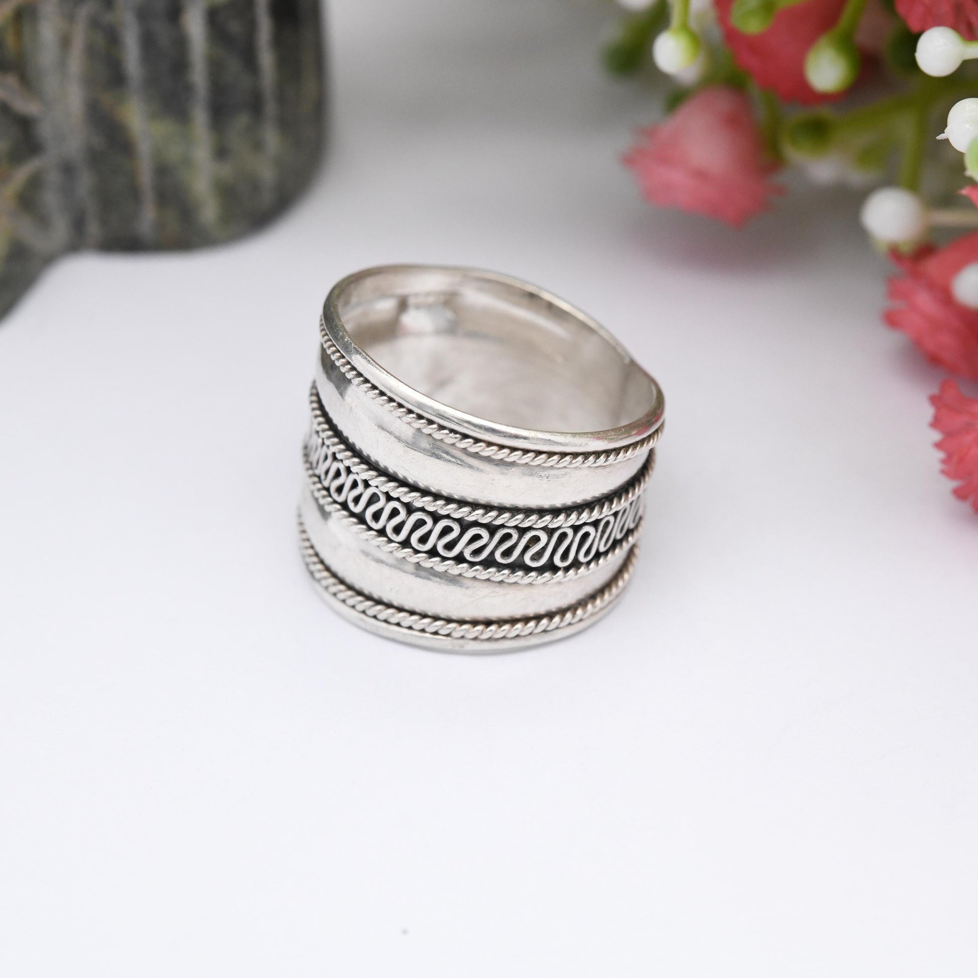 Vintage Sterling Silver Wirework Rope Twist Cannetille Band Ring - Chunky Silver Jewellery | Wide Band | UK Size - P 1/2 | US Size - 8