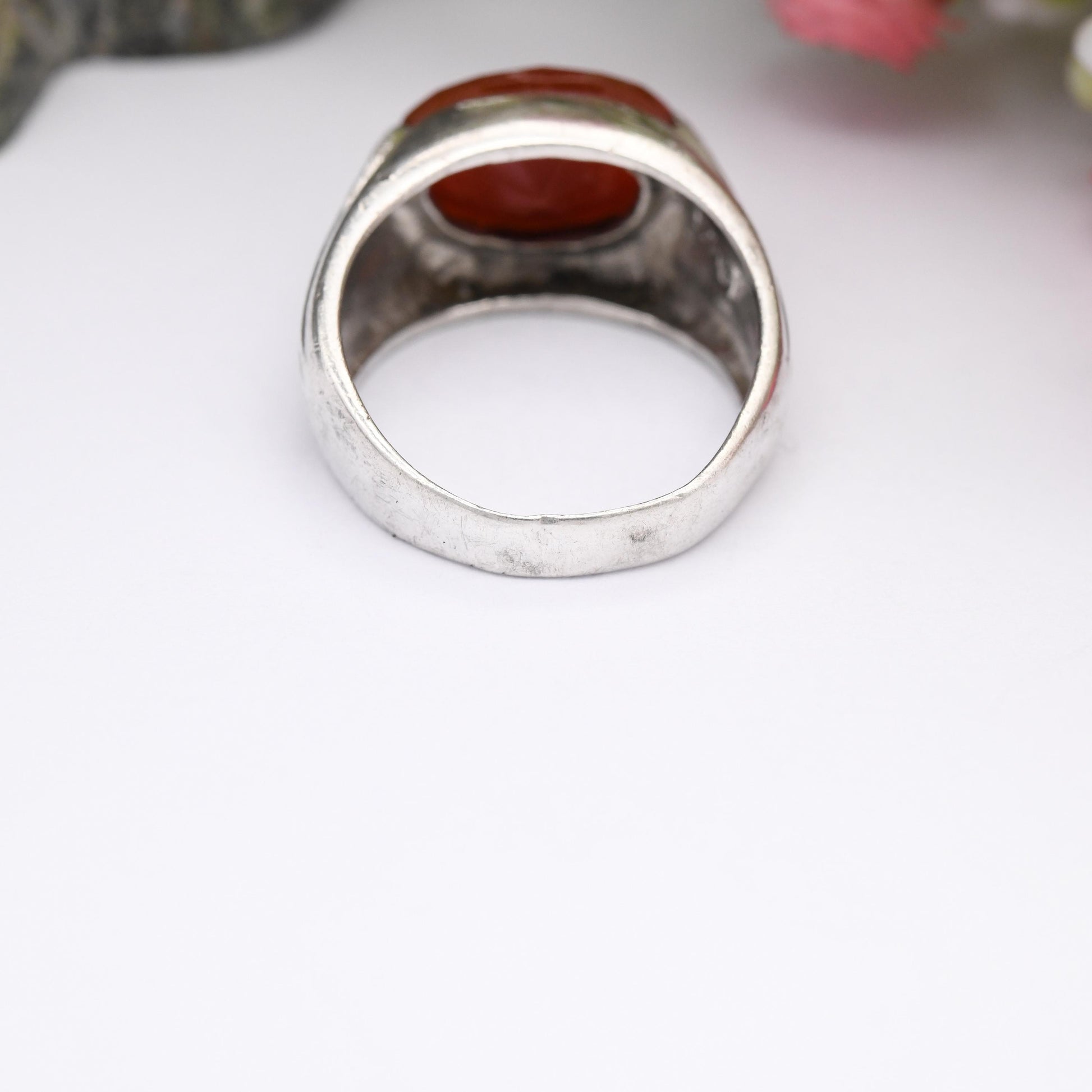 Vintage Sterling Silver Faceted Carnelian Ring - Chunky Mid-Century Modernist Red Stone Statement Ring | UK Size - Q 1/2 | US Size - 8 1/2