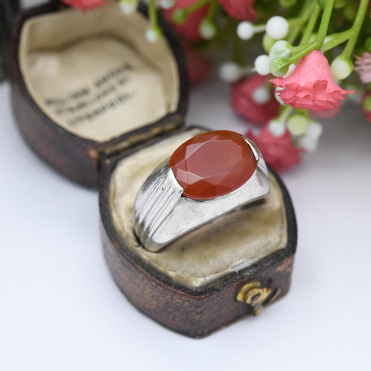 Vintage Sterling Silver Faceted Carnelian Ring - Chunky Mid-Century Modernist Red Stone Statement Ring | UK Size - Q 1/2 | US Size - 8 1/2