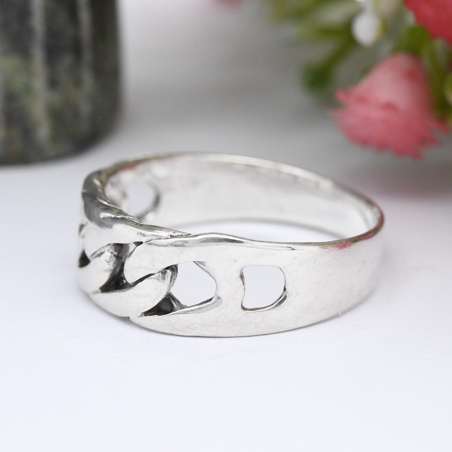 Vintage Sterling Silver Chain Band Ring - Openwork Flat Curb Link Design | Mid-Century Modernist | Large UK Size - Z | US Size - 12 1/2