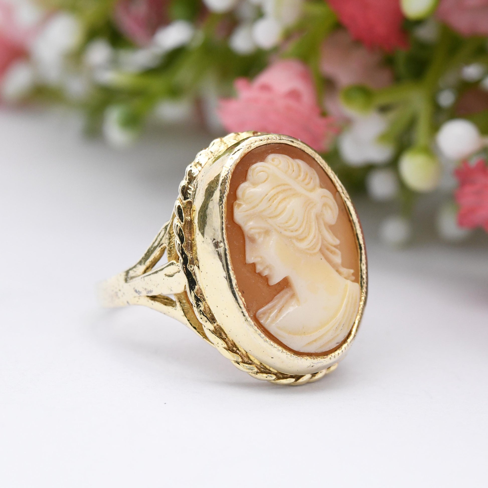 Vintage Gold Plated Sterling Silver Cameo Ring - Rope Twist Bezel Pretty Classical Woman's Face Profile | UK Size - Q 1/2 | US Size - 8 1/2