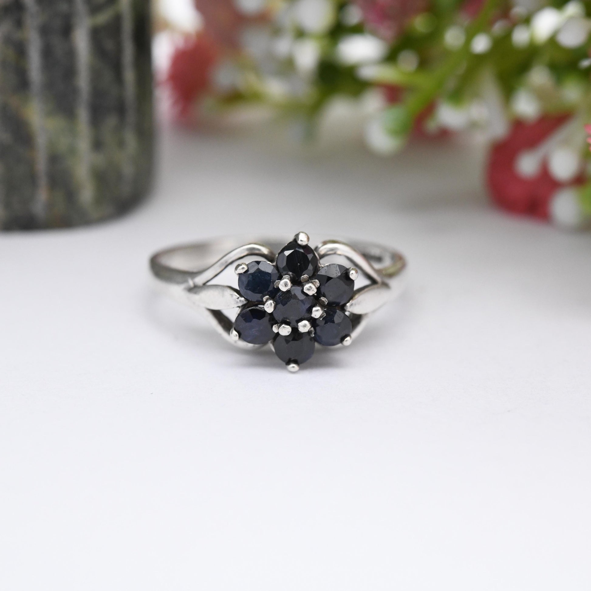 Vintage Sterling Silver Sapphire Cluster Flower Ring 1981 - Mid-Century Statement Sparkly Cocktail Ring | UK Size - R | US Size - 8 1/2