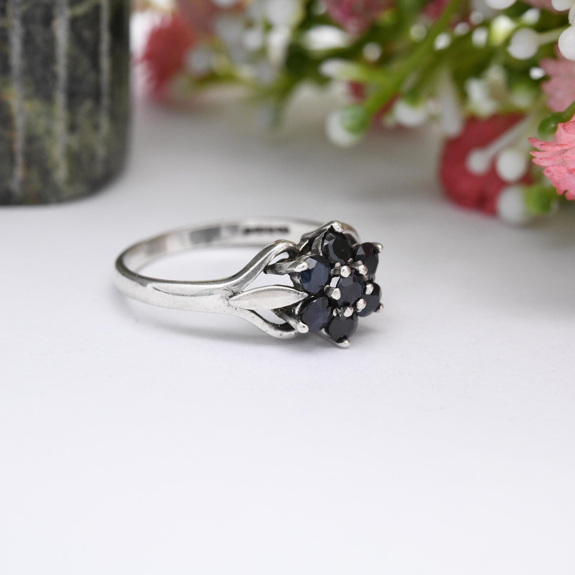 Vintage Sterling Silver Sapphire Cluster Flower Ring 1981 - Mid-Century Statement Sparkly Cocktail Ring | UK Size - R | US Size - 8 1/2