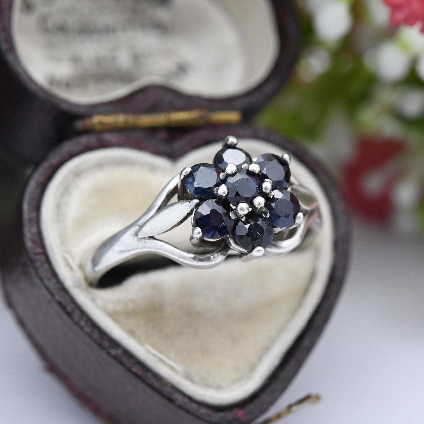 Vintage Sterling Silver Sapphire Cluster Flower Ring 1981 - Mid-Century Statement Sparkly Cocktail Ring | UK Size - R | US Size - 8 1/2