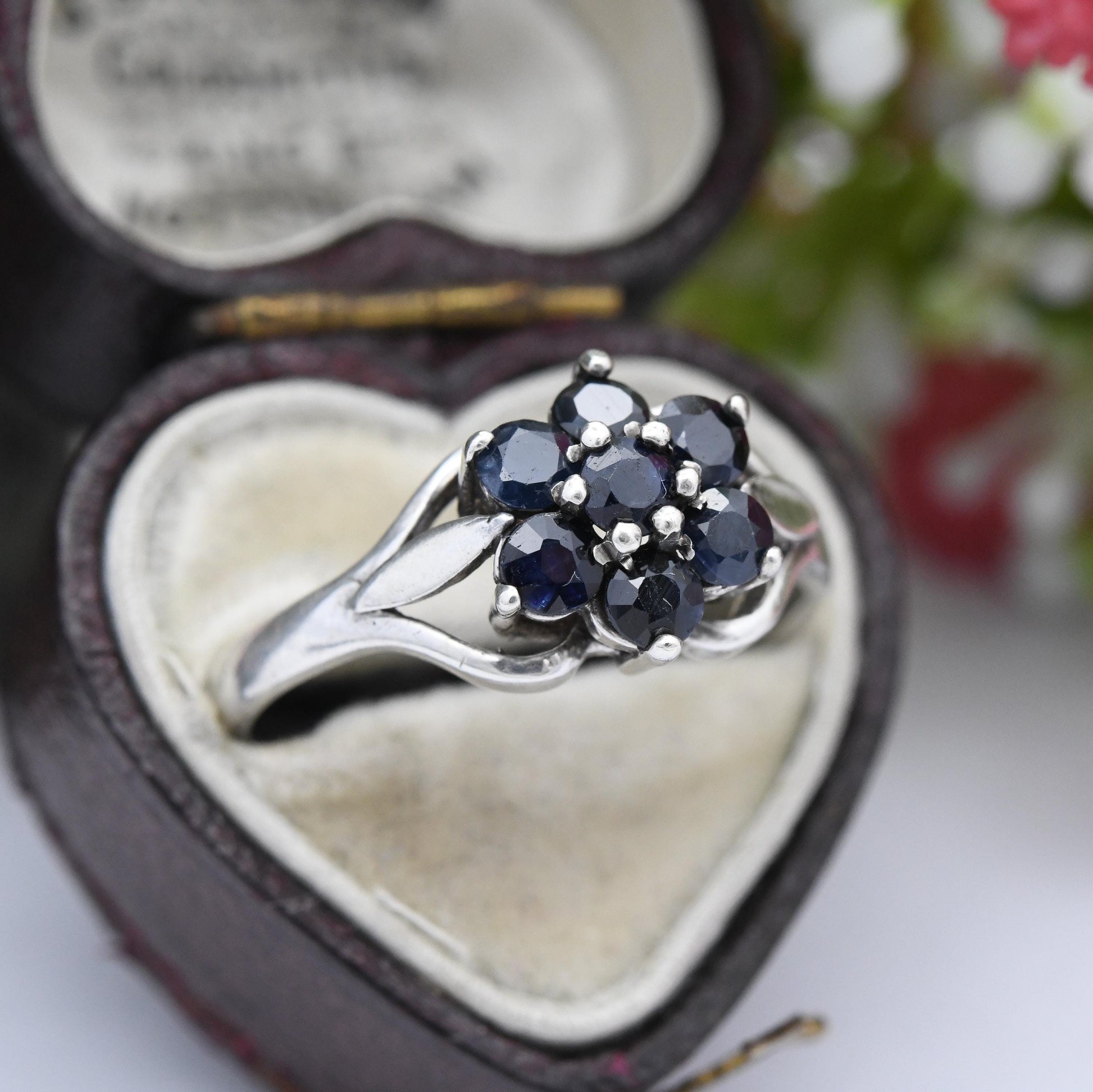 Vintage Sterling Silver Sapphire Cluster Flower Ring 1981 - Mid-Century Statement Sparkly Cocktail Ring | UK Size - R | US Size - 8 1/2