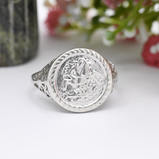 Vintage Sterling Silver Saint George and the Dragon Signet Ring - English Coin Theme Jewellery | Large Size | UK Size - V | US Size - 10 1/2