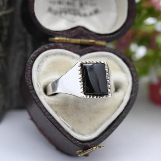 Vintage Sterling Silver Onyx Signet Ring - Unisex Square Black Stone Ring | Small Size Pinkie Ring | UK Size - K | US Size - 5 1/4
