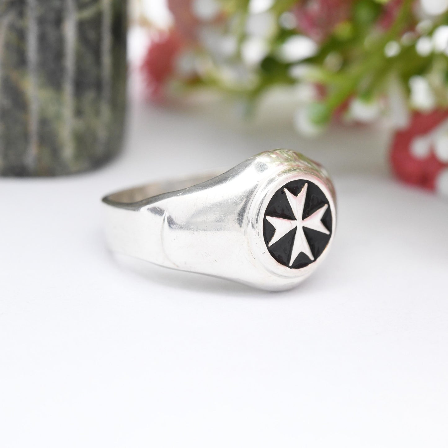 Vintage Sterling Silver Maltese Cross Signet Ring - Enamel Made in Malta Large Chunky Jewellery Gift for Him | UK Size - X US Size - 11 1/2