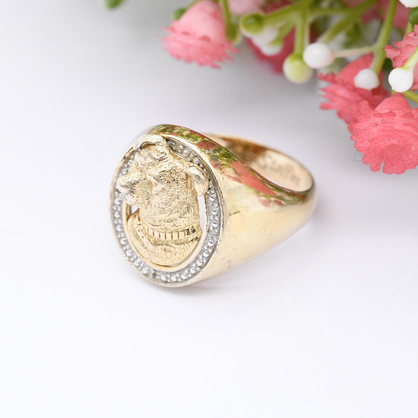 Gold Plated Sterling Silver Staffy Dog Signet Ring with Diamonds - I Love Staffies Staffordshire | Large UK Size - Z +2 | US Size - 13 1/2