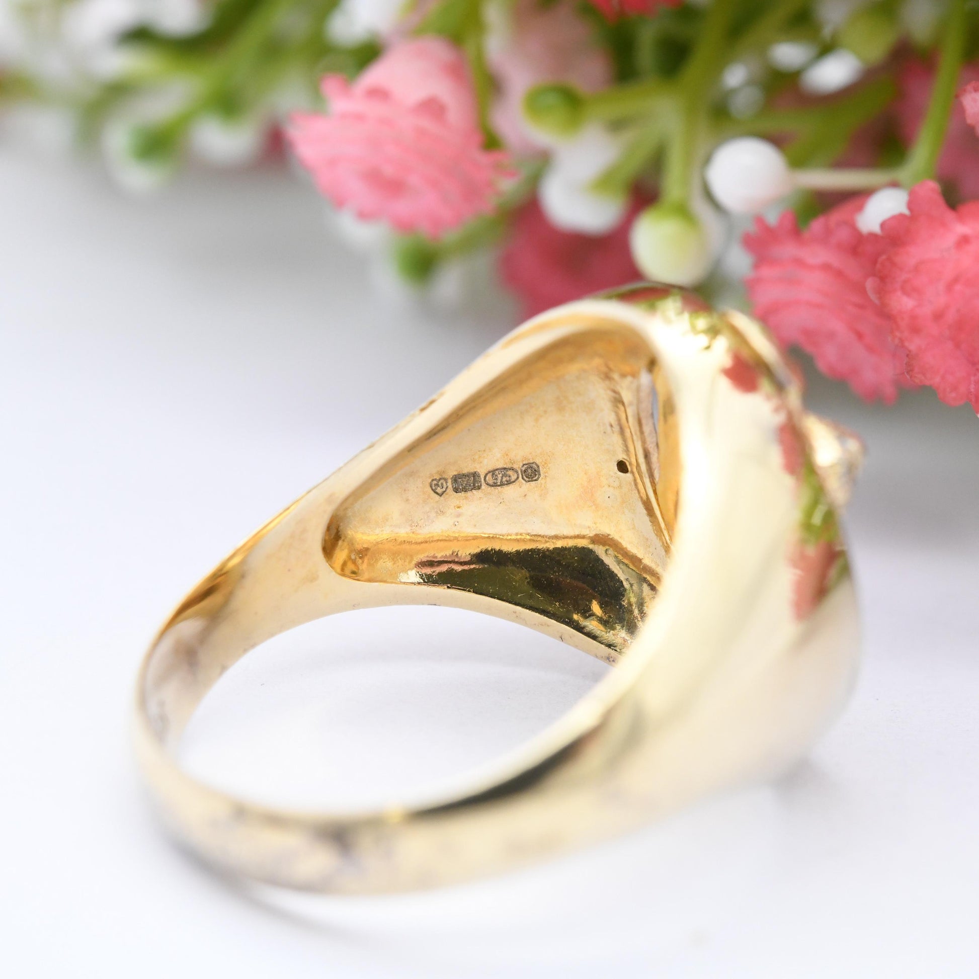 Gold Plated Sterling Silver Staffy Dog Signet Ring with Diamonds - I Love Staffies Staffordshire | Large UK Size - Z +2 | US Size - 13 1/2