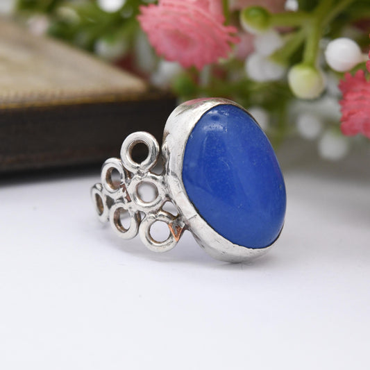 Vintage Blue Stone Ring with Bubble Band - Openwork Circle Design | Mid-Century Modernist Large Cabochon | UK Size - H | US Size - 3 1/4