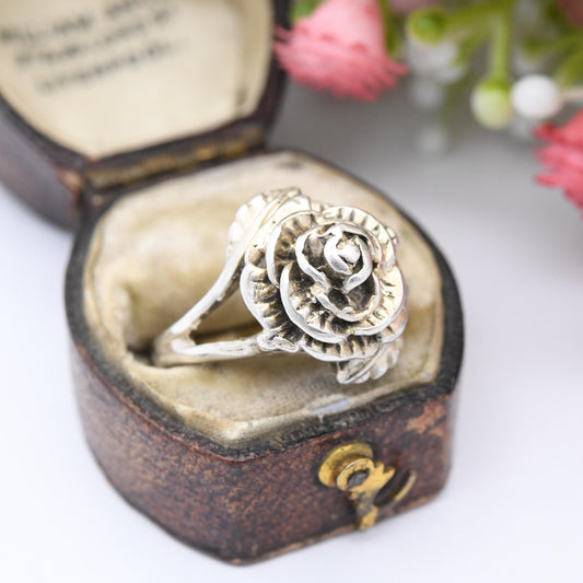 Vintage Sterling Silver Rose Ring 1978 D&W - Mid-Century Flower Floral Shape Pretty Gift for Her | UK Size - N | US Size - 6 3/4