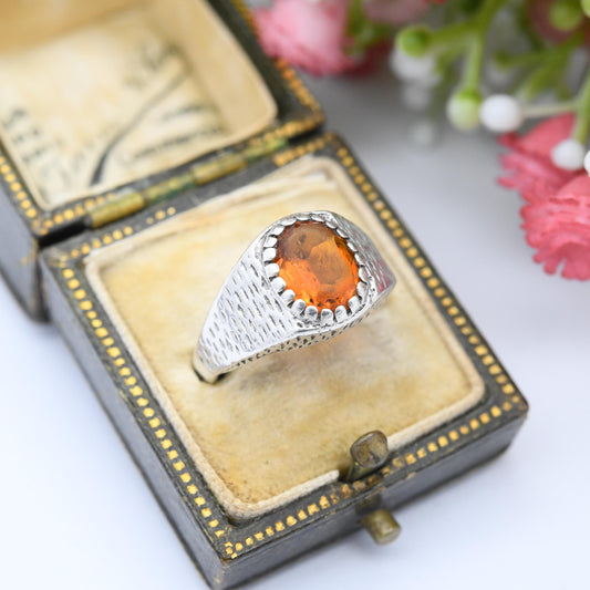 Vintage Sterling Silver Signet Ring with Orange Citrine Paste - Unusual Unisex Mid-Century Textured Silver Ring | UK Size - M | US Size - 6