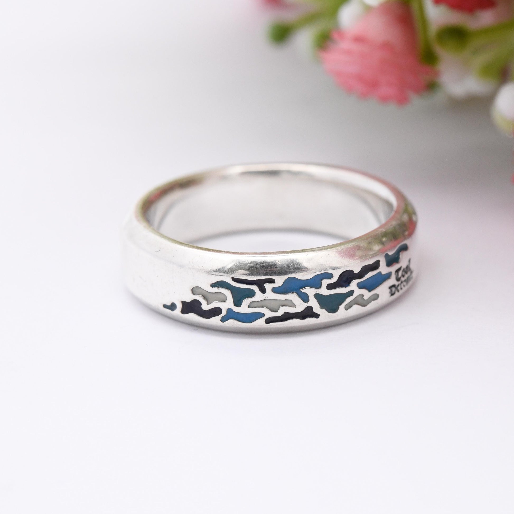 Vintage Sterling Silver Blue Enamel Band Ring - Surfer Style Jewellery | Unusual Men's Band Ring | Large UK Size - T 1/2 | US Size - 10