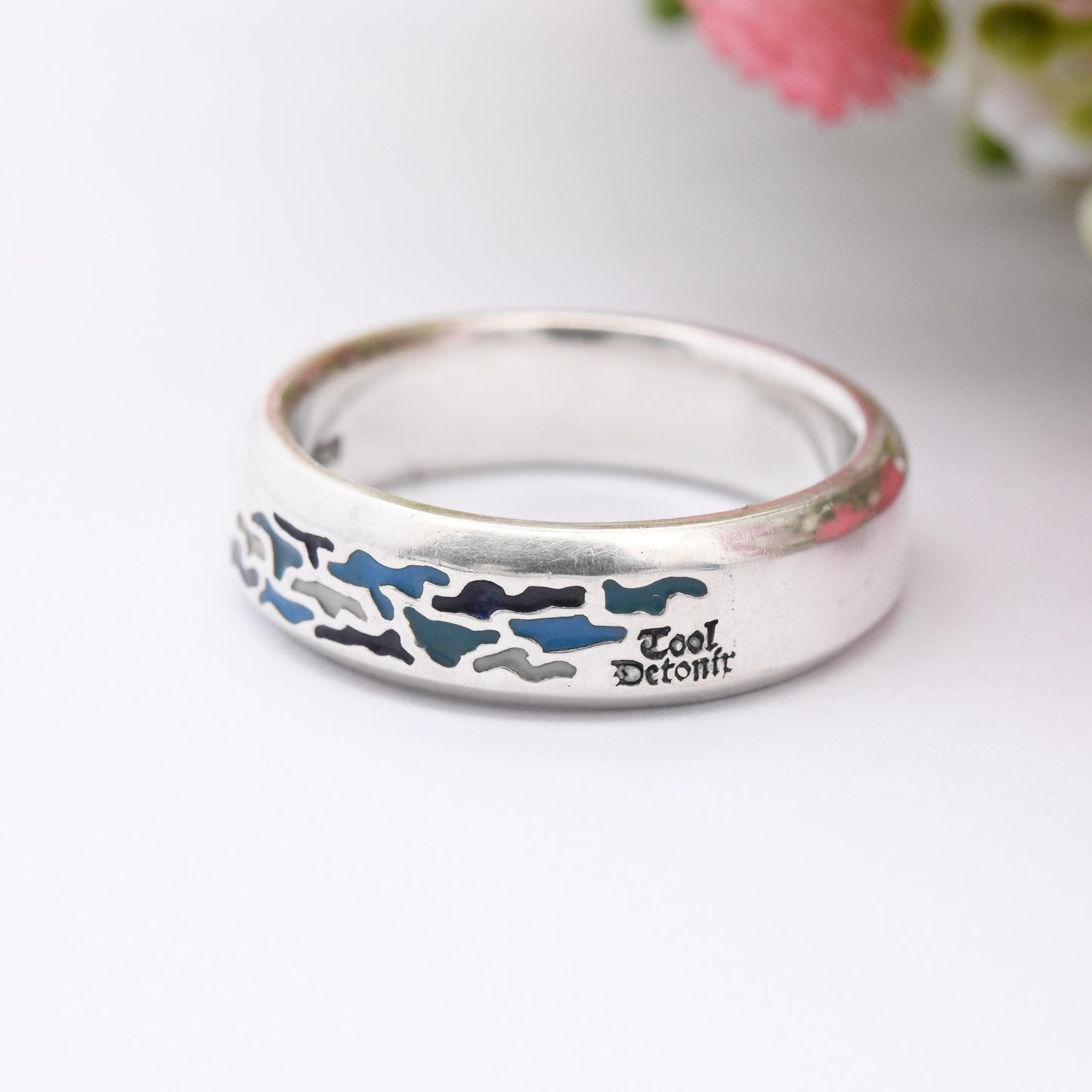 Vintage Sterling Silver Blue Enamel Band Ring - Surfer Style Jewellery | Unusual Men's Band Ring | Large UK Size - T 1/2 | US Size - 10