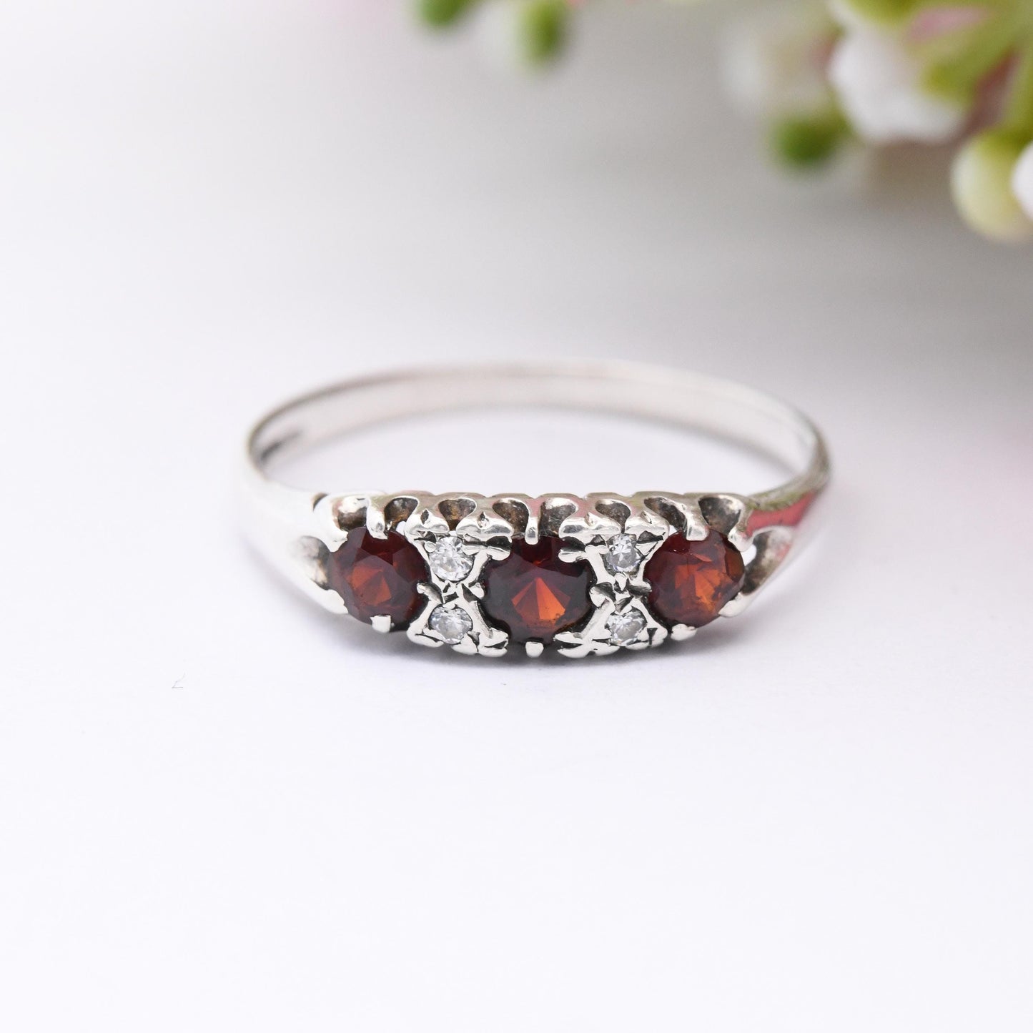 Vintage Sterling Silver Garnet Three Stone Ring 1987 - Victorian Style Boat Ring | Pretty Gift for Her | UK Size - T | US Size - 9 3/4