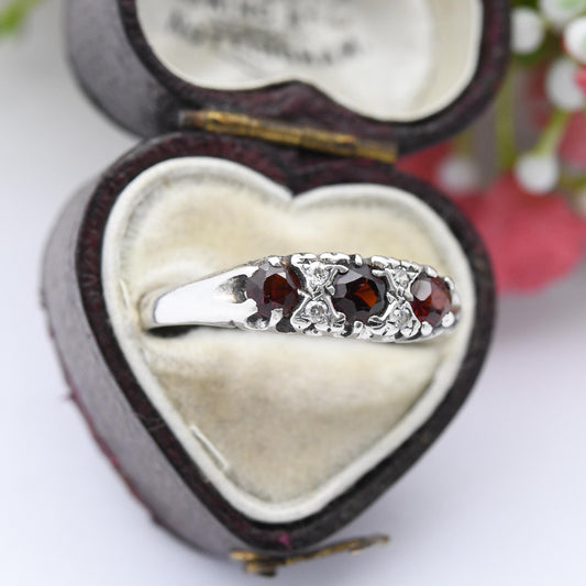 Vintage Sterling Silver Garnet Three Stone Ring 1987 - Victorian Style Boat Ring | Pretty Gift for Her | UK Size - T | US Size - 9 3/4