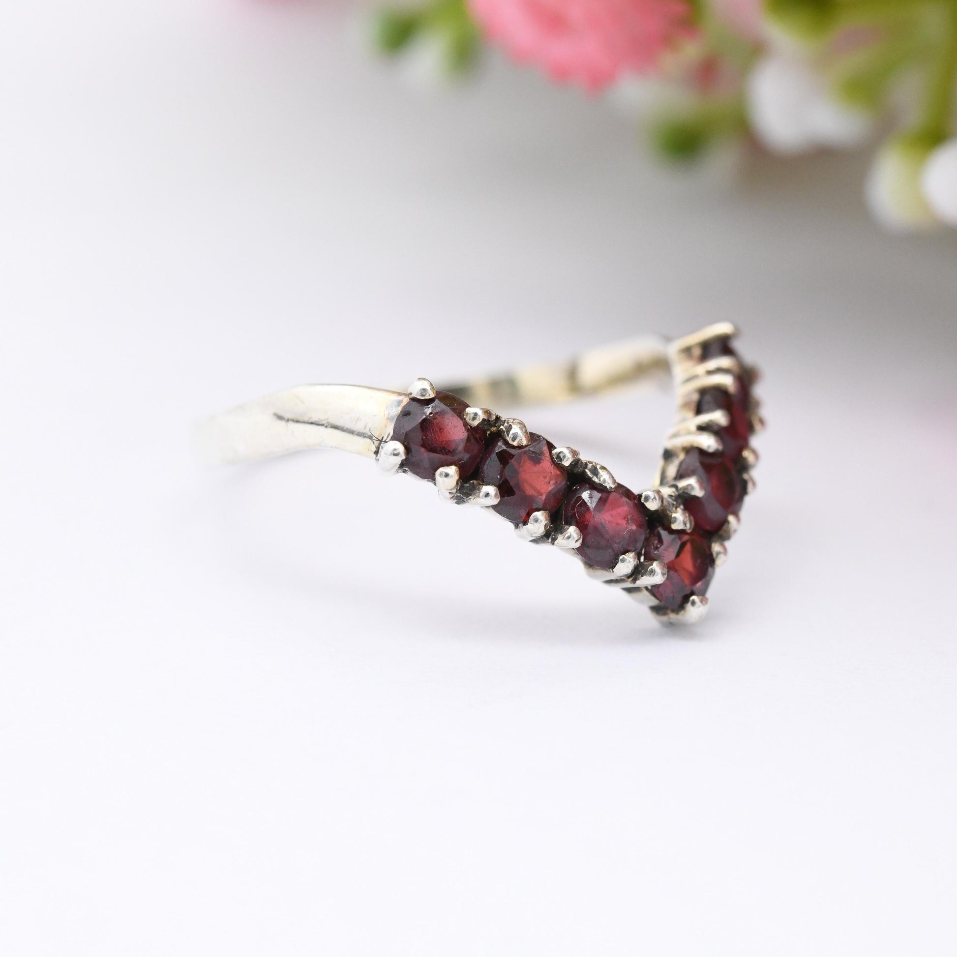 Vintage Sterling Silver Garnet Wishbone Ring - Gemstone Stacking Ring | Pretty Gift for Her | UK Size - P 1/2 | US Size - 7 3/4