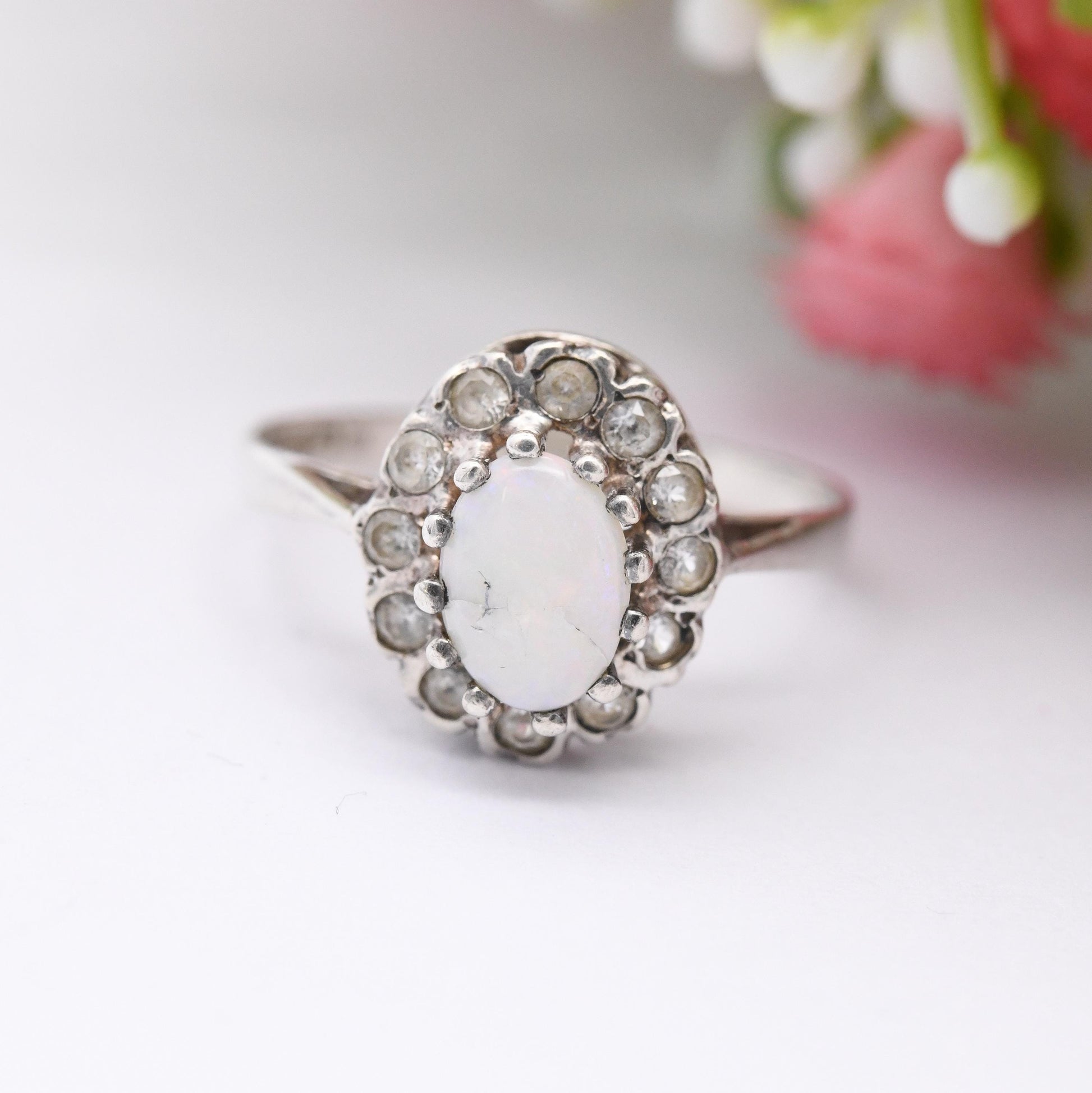 Vintage Sterling Silver Opal Cluster Ring 1978 - Mid-Century Antique Style | Pretty Cocktail Ring with Halo | UK Size - M | US Size - 6 1/4