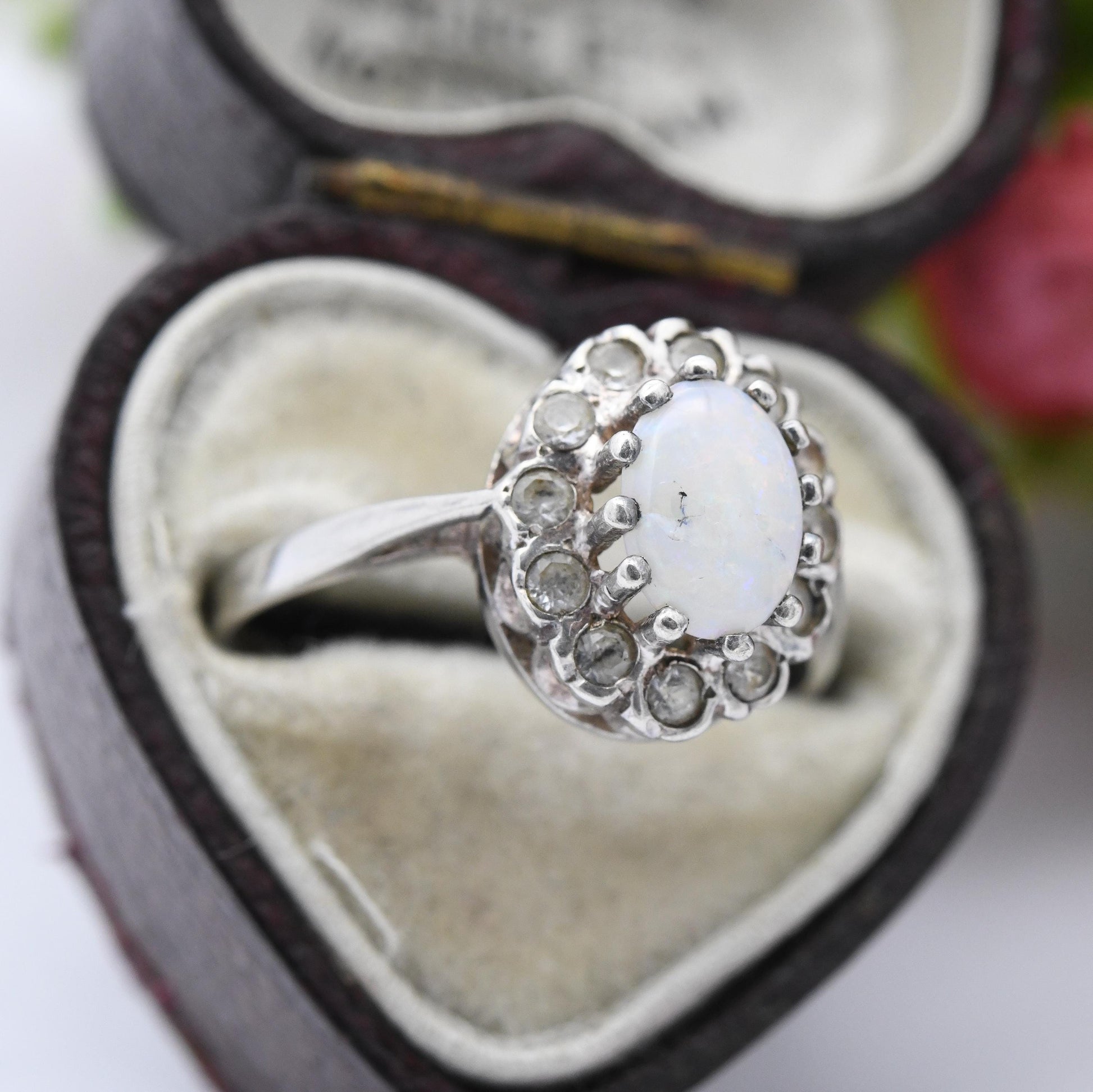 Vintage Sterling Silver Opal Cluster Ring 1978 - Mid-Century Antique Style | Pretty Cocktail Ring with Halo | UK Size - M | US Size - 6 1/4