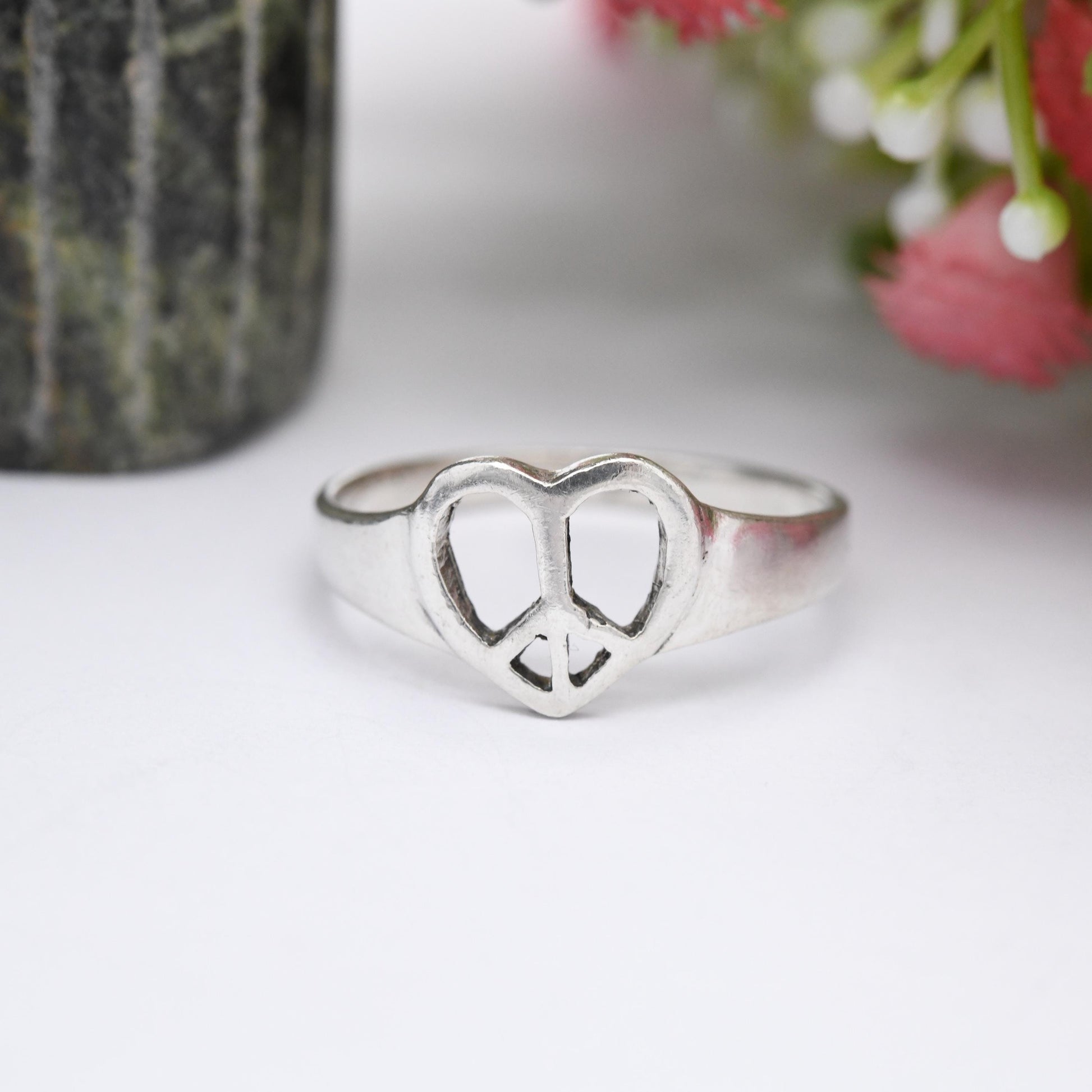 Vintage Sterling Silver Peace and Love Ring - Peace Sign in a Love Heart | Sweet Everyday Love Gift for Her | UK Size - S | US Size - 9