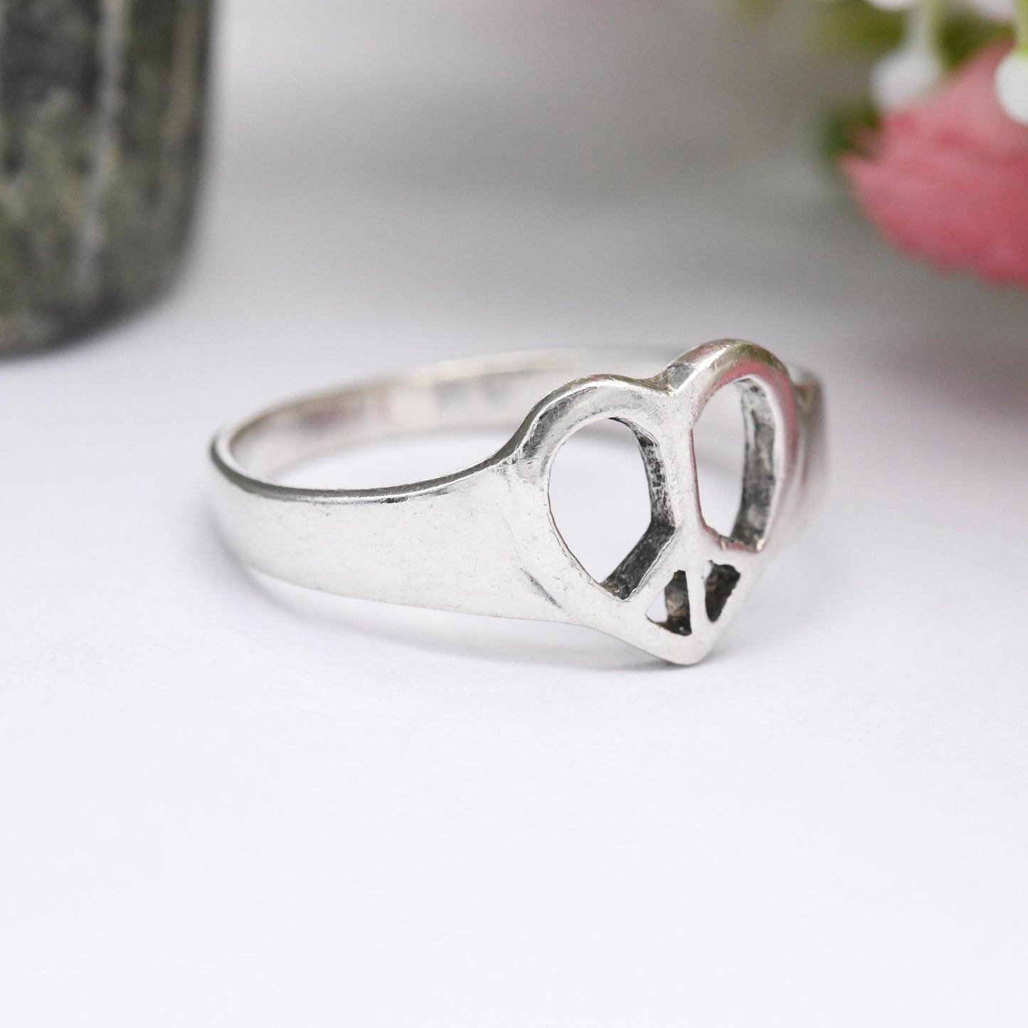 Vintage Sterling Silver Peace and Love Ring - Peace Sign in a Love Heart | Sweet Everyday Love Gift for Her | UK Size - S | US Size - 9