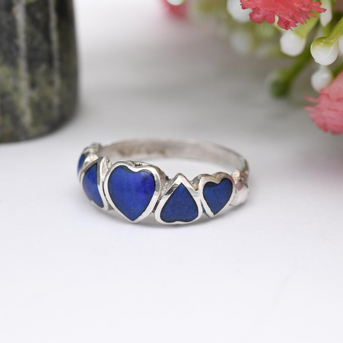 Vintage Sterling Silver Lapis Lazuli Hearts Ring - Linked Love Hearts | Cute Friendship Love Gift for Her | UK Size - P | US Size - 7 3/4